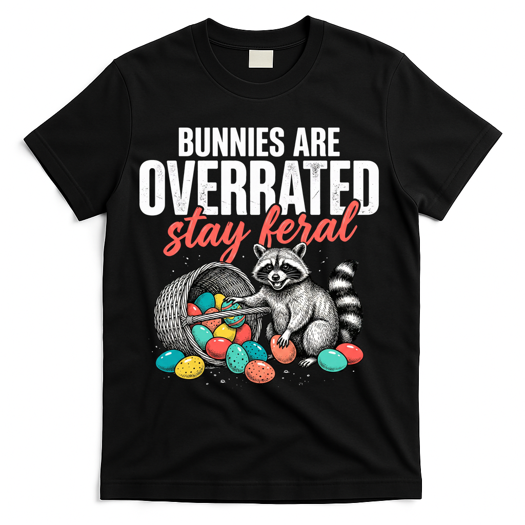 Funny Easter Bunnies Are Overrated Stay Feral Raccoon T-Shirt - Black