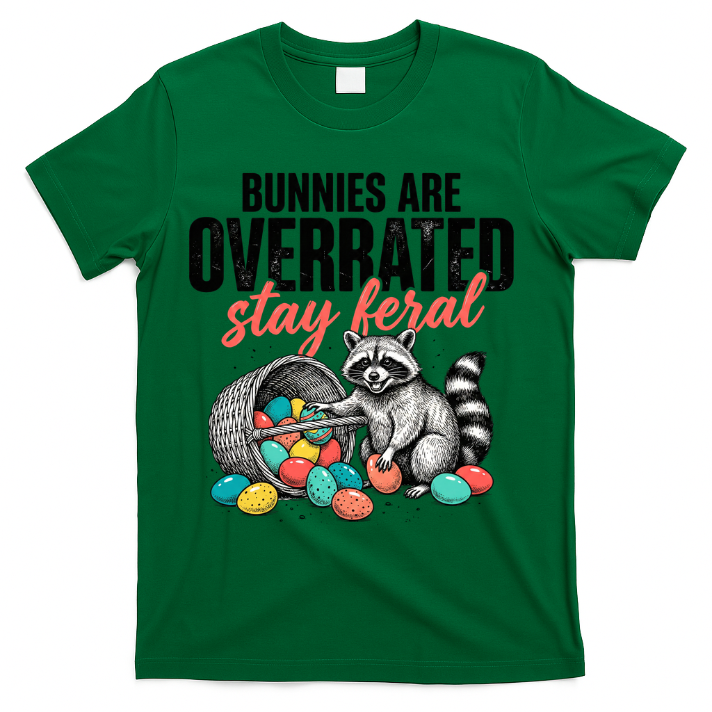 Funny Easter Bunnies Are Overrated Stay Feral Raccoon T-Shirt - Green