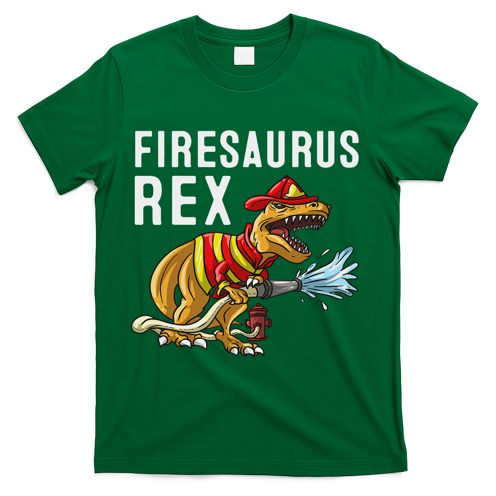 Funny Firemen Firefighter Gift Dino Cool Firesaurus Rex T-Shirt - Green