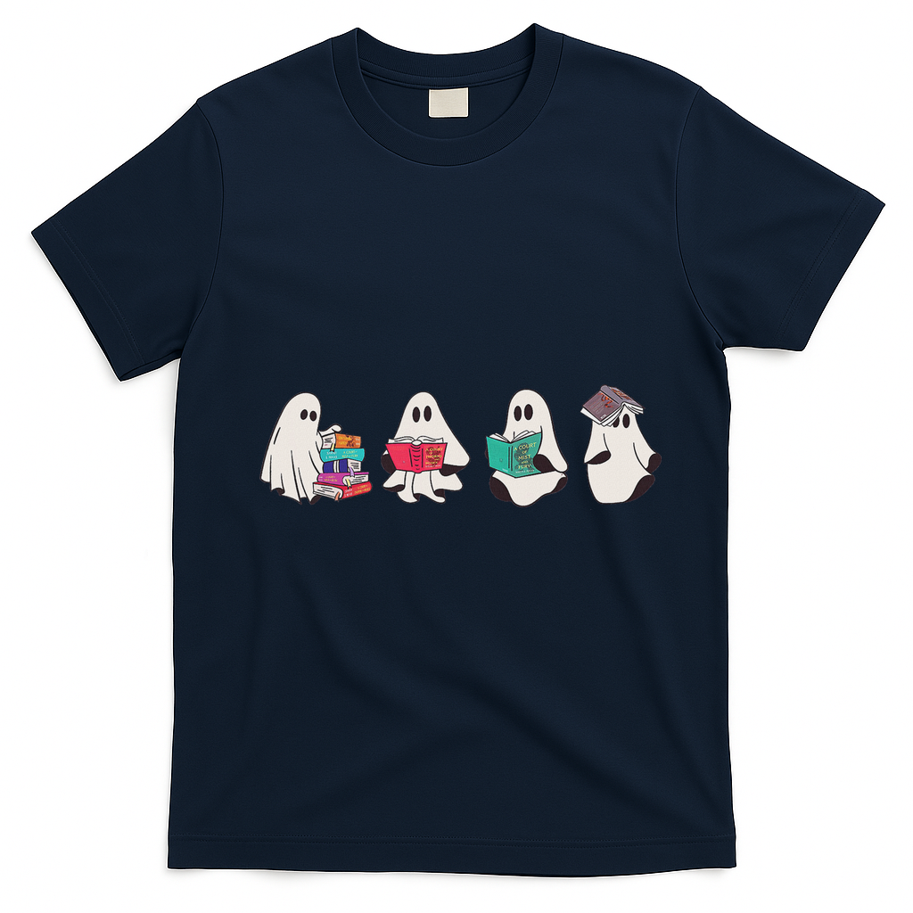 Funny Ghost Book Reading Halloween Books Lover Teacher T-Shirt - Navy Blue
