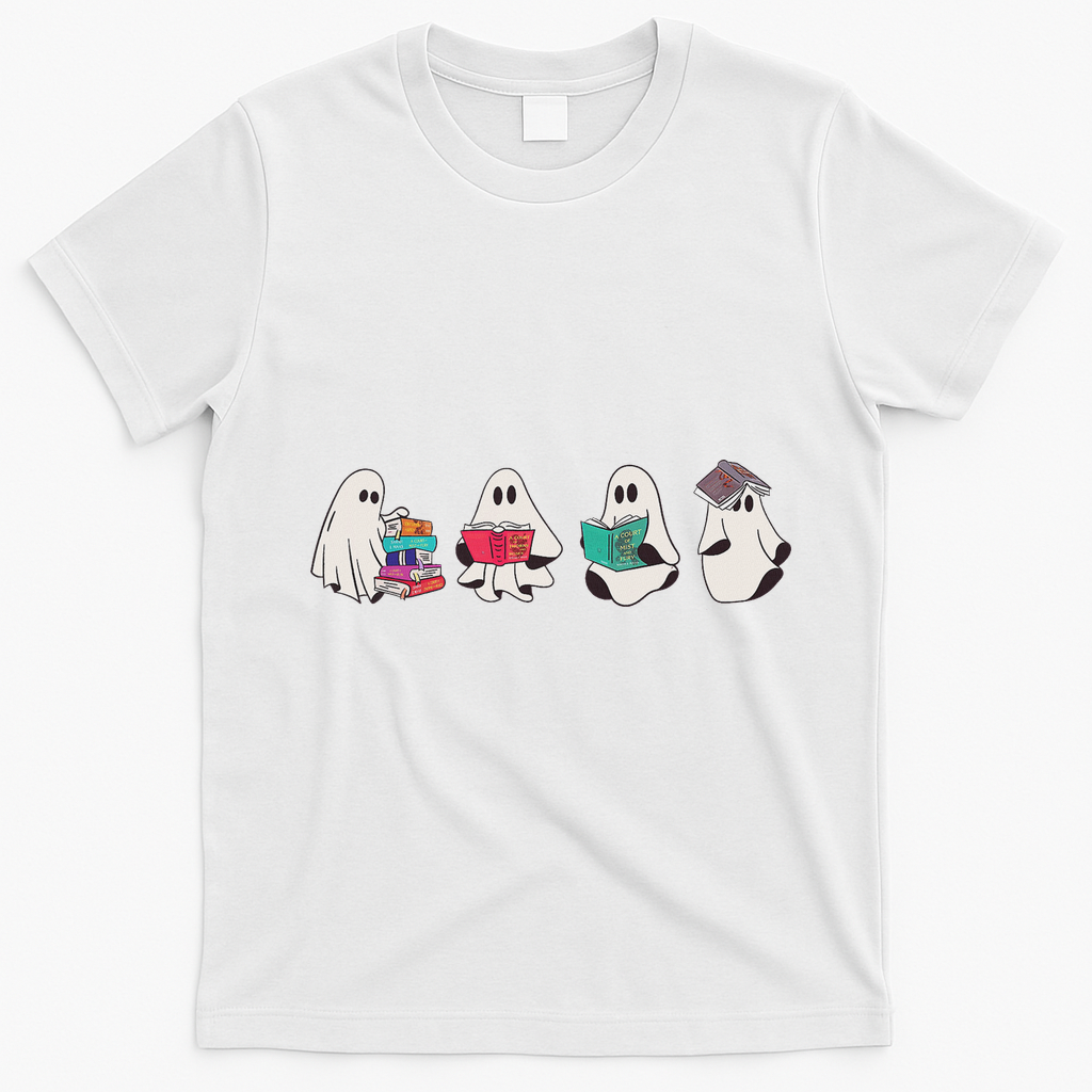 Funny Ghost Book Reading Halloween Books Lover Teacher T-Shirt - White