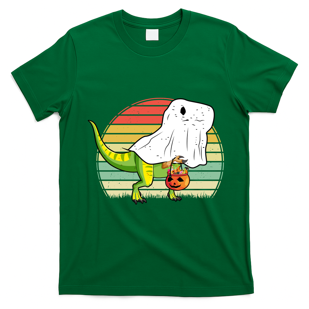 Funny Ghost Dinosaur Halloween Graphic T-Shirt - Irish Green