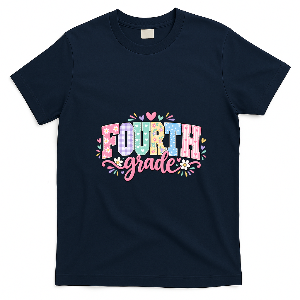Fourth Grade Fun Colorful Floral Back To School T-Shirt - Navy Blue