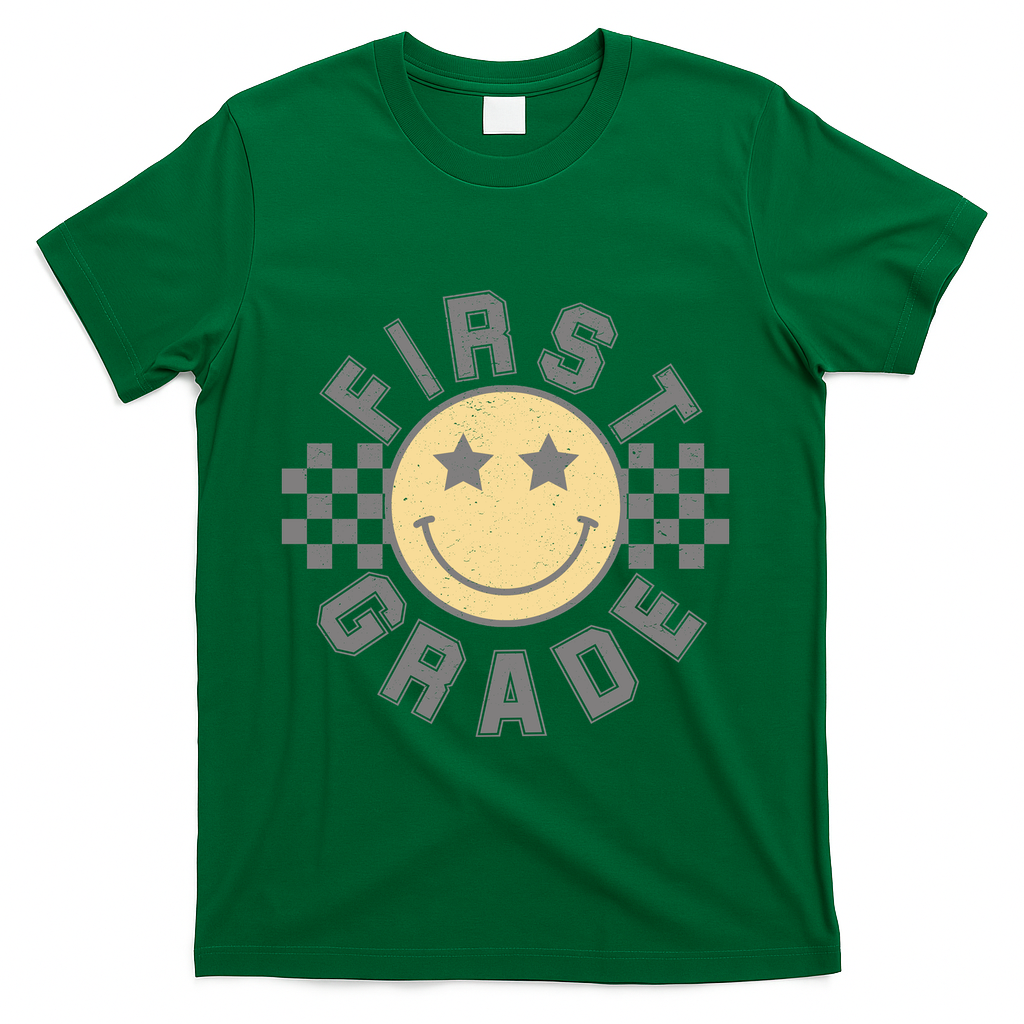 First Grade Star Smile Checker Back To School Retro T-Shirt - Green