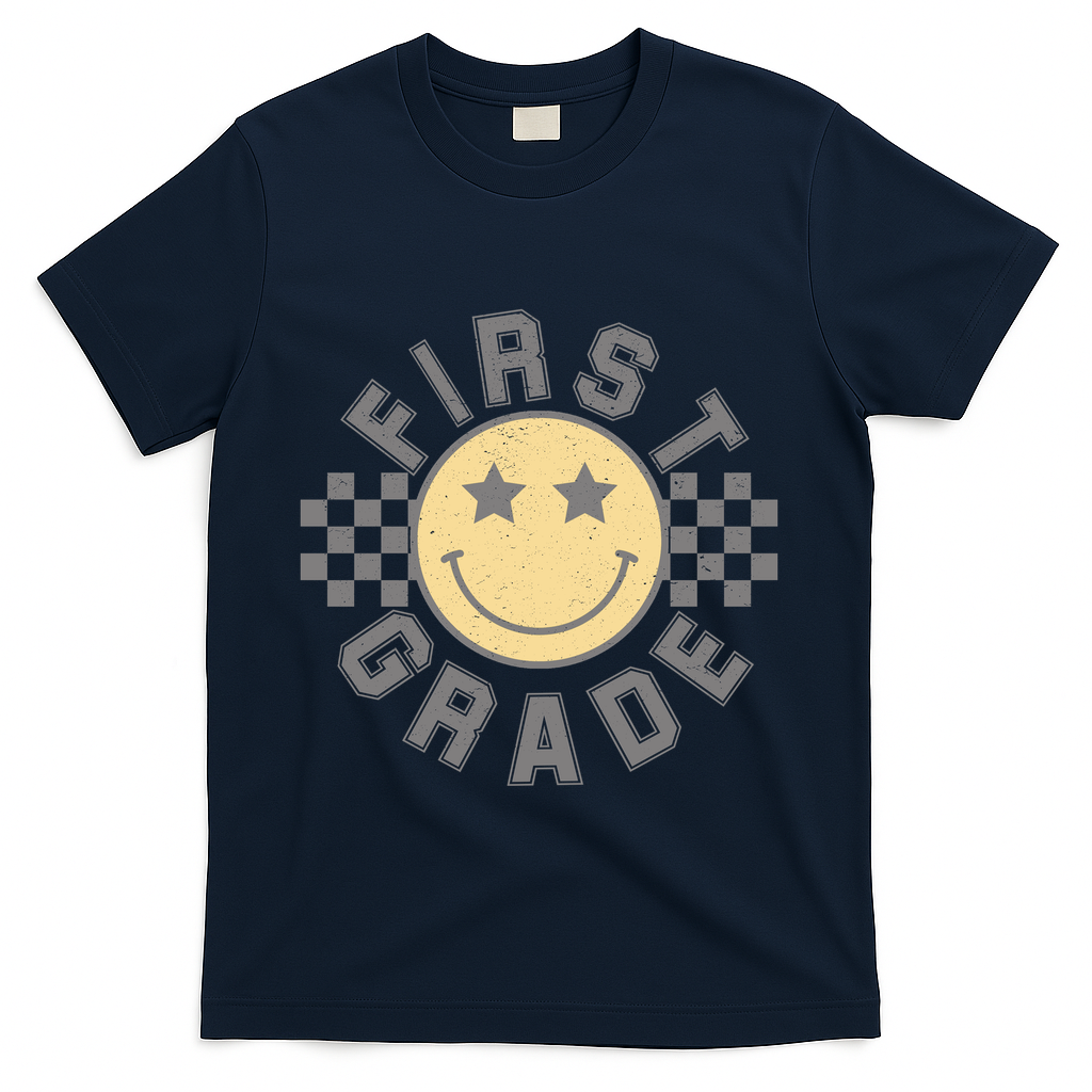 First Grade Star Smile Checker Back To School Retro T-Shirt - Navy