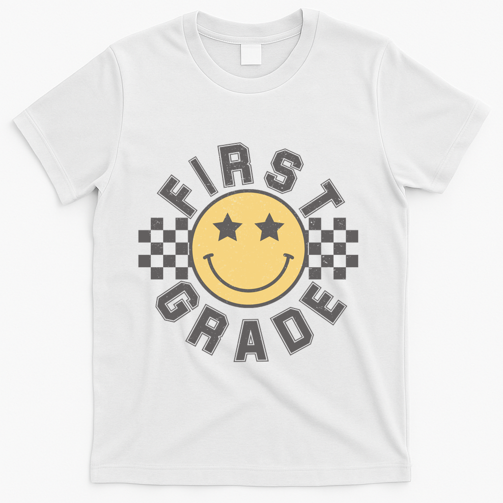 First Grade Star Smile Checker Back To School Retro T-Shirt - White