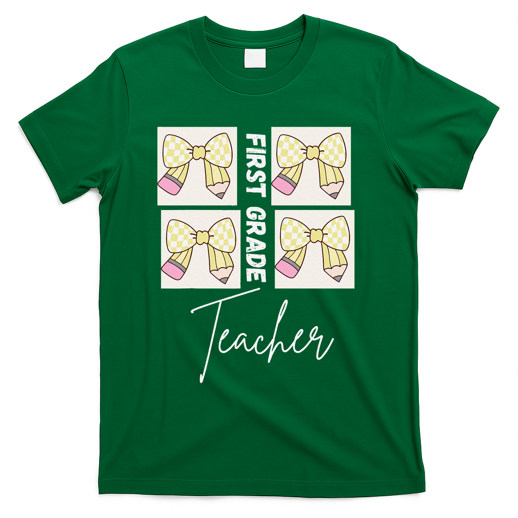 First Grade Teacher Checkered Grid Coquette Bow T-Shirt - Green