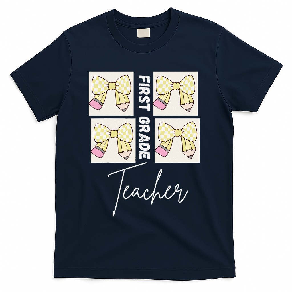First Grade Teacher Checkered Grid Coquette Bow T-Shirt - Navy