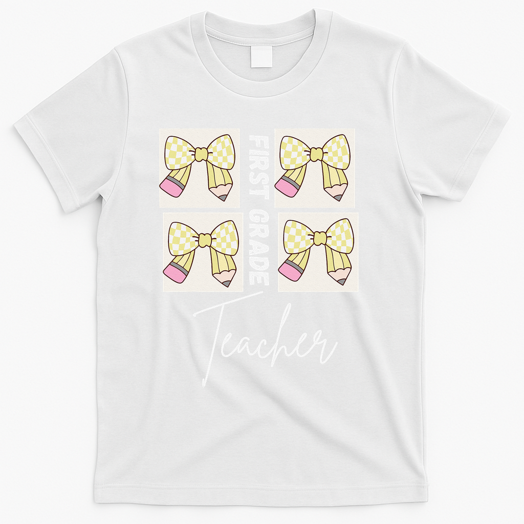 First Grade Teacher Checkered Grid Coquette Bow T-Shirt - White