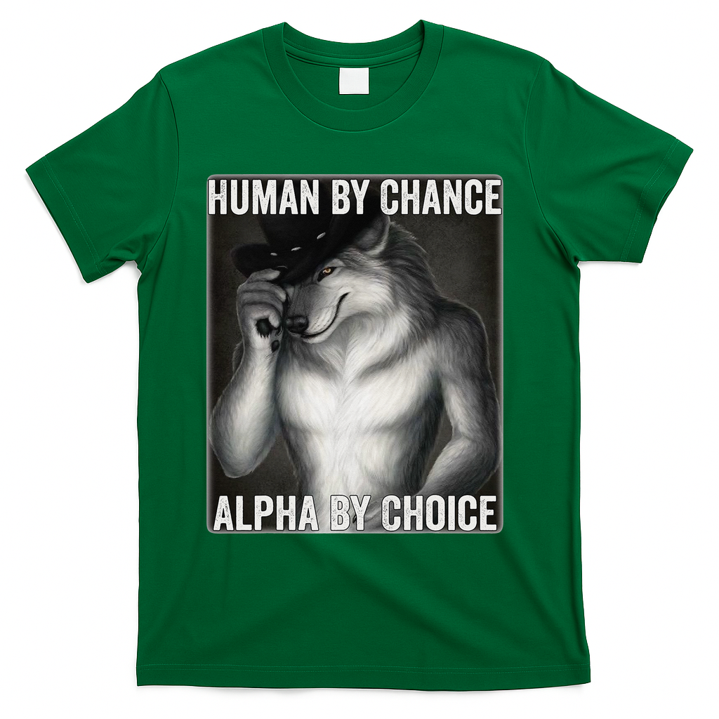 Funny Human By Chance Alpha By Choice Cool Alpha Wolf Meme T-Shirt - Green