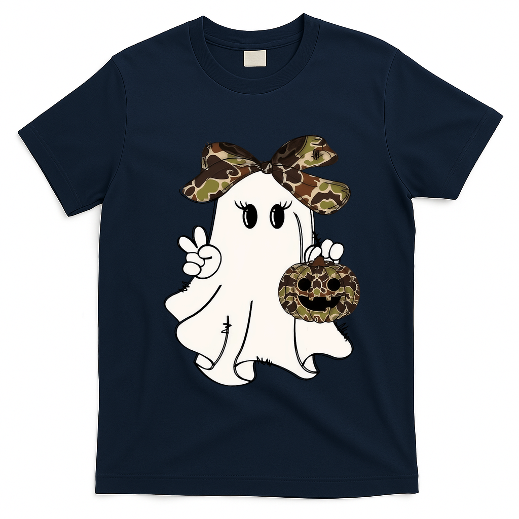 Funny Halloween Camouflage Camo Ghost Hello Hunting Season T-Shirt - Navy Blue