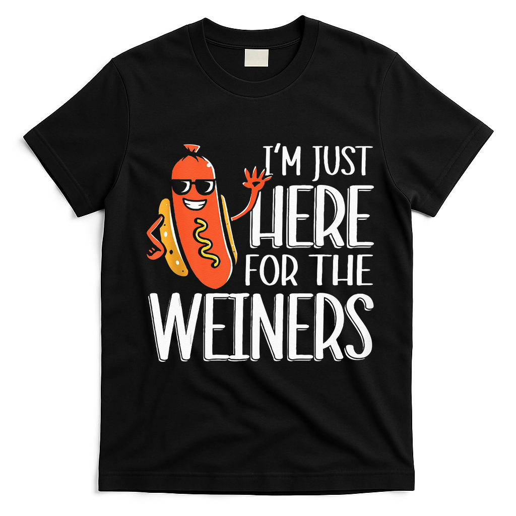 Funny Hot Dog I'm Just Here For The Wieners Sausage  T-Shirt - Black