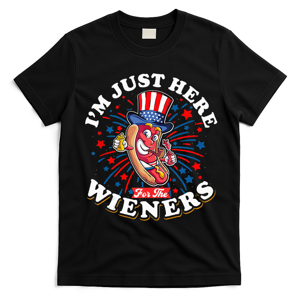Funny Hot Dog I'm Just Here For The Wieners Sausage Lovers T-Shirt - Black