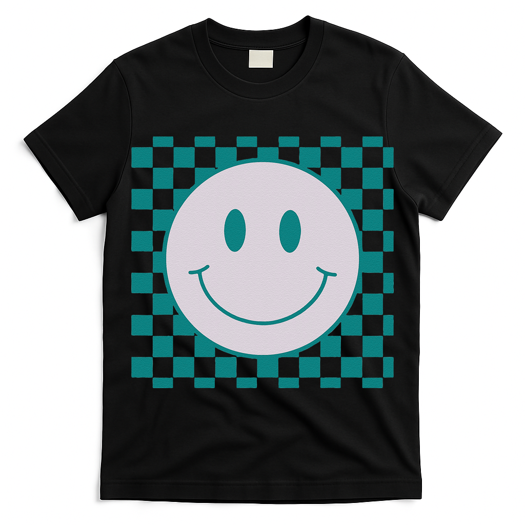 Funny Happy Face Checkered Pattern Smile Face Meme T-Shirt