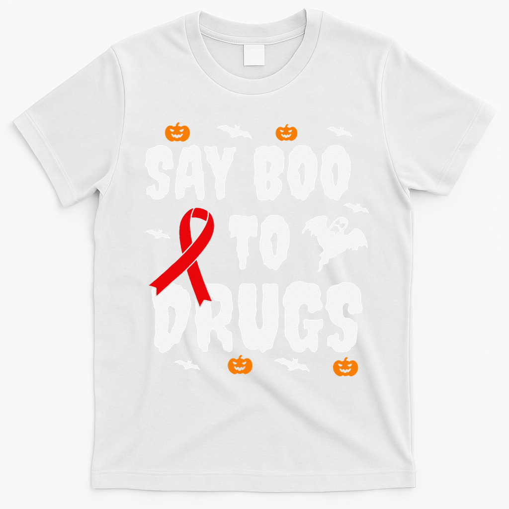 Funny Halloween Gift Say Boo To Drugs Awareness Red Ribbon T-Shirt - White