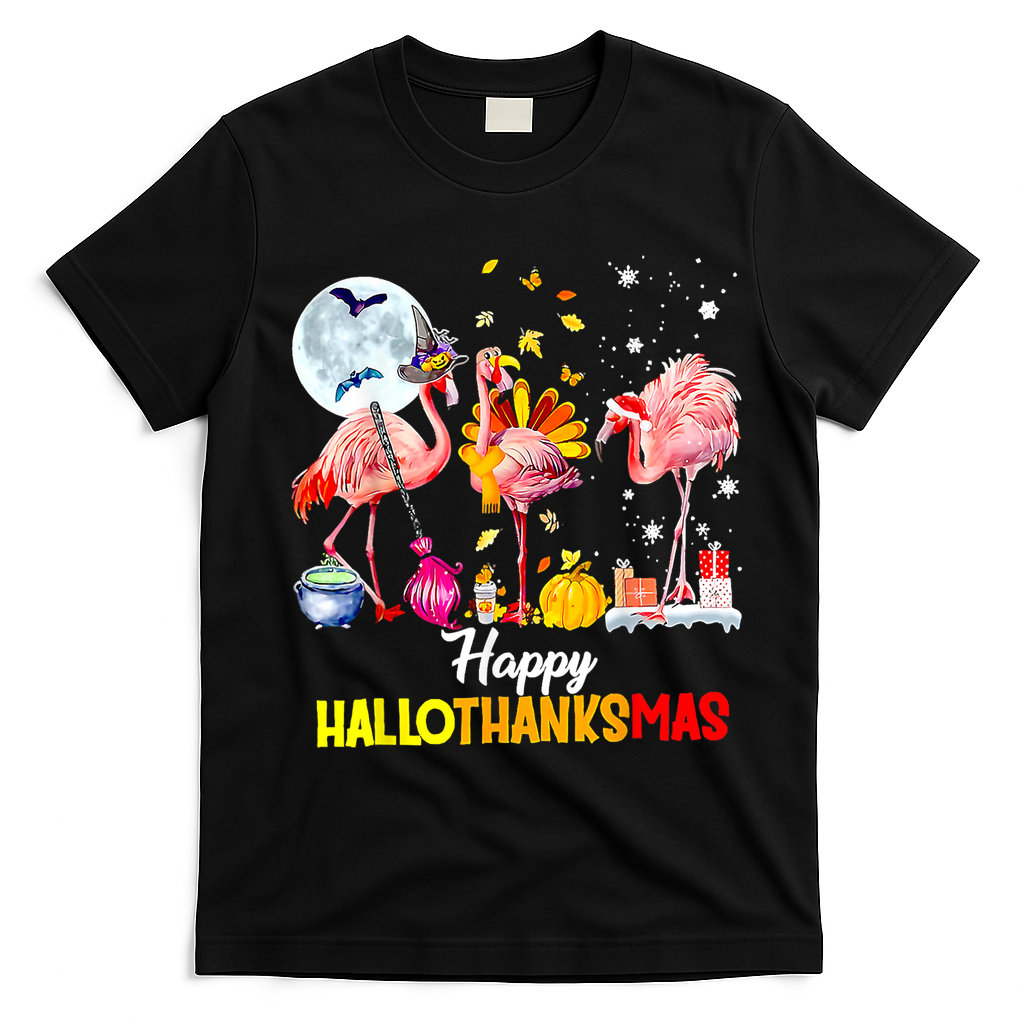 Flamingo Happy HalloThanksmas Funny Halloween Thanksgiving T-Shirt - Black