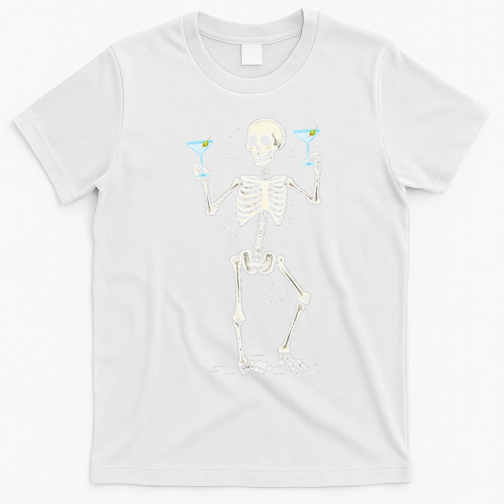 Funny Halloween Skeleton Drinking Martini Cocktail T-Shirt - White