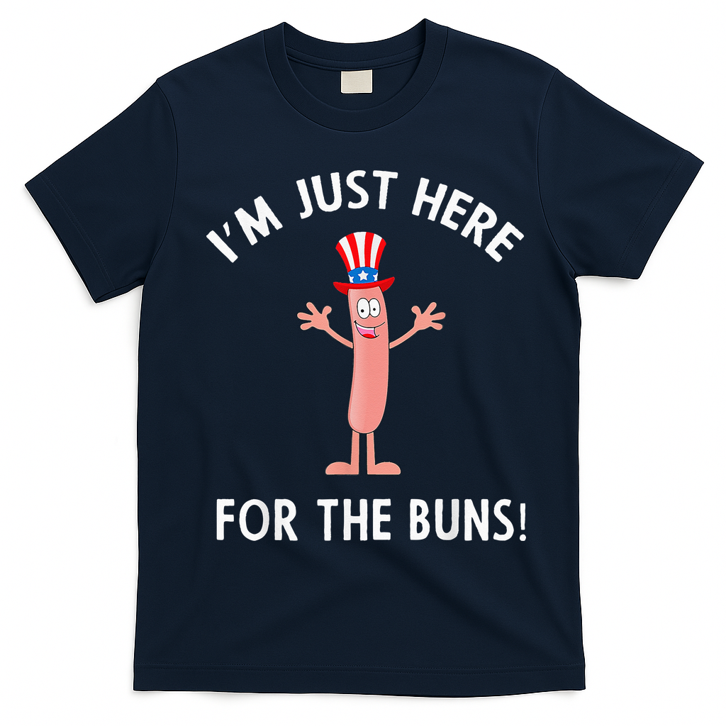 Funny I'm Just Here For The Buns Patriotic Hot Dog T-Shirt - Navy Blue