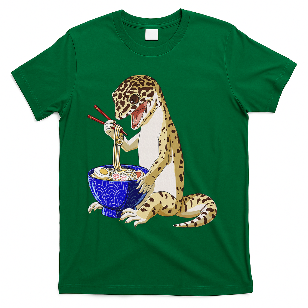 Funny Japanese Kawaii Ramen Reptile Leopard Gecko T-Shirt - Green