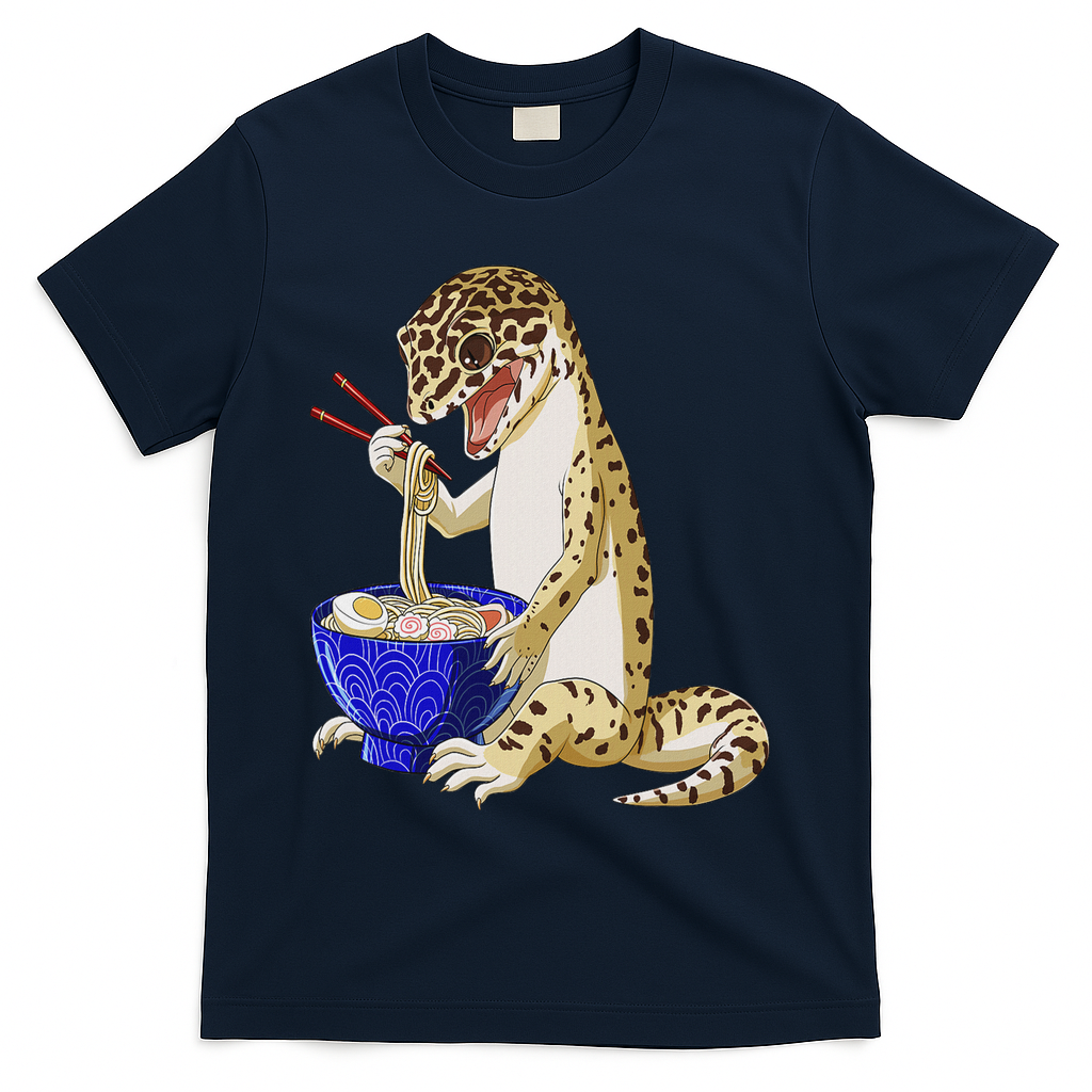 Funny Japanese Kawaii Ramen Reptile Leopard Gecko T-Shirt - Navy