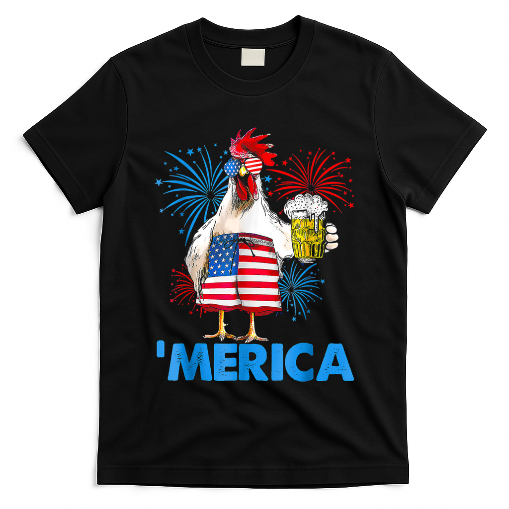 Funny Merica Chicken Beer Drinking 4th Of July Patriotic. T-Shirt