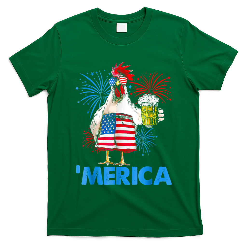 Funny Merica Chicken Beer Drinking 4th Of July Patriotic. T-Shirt