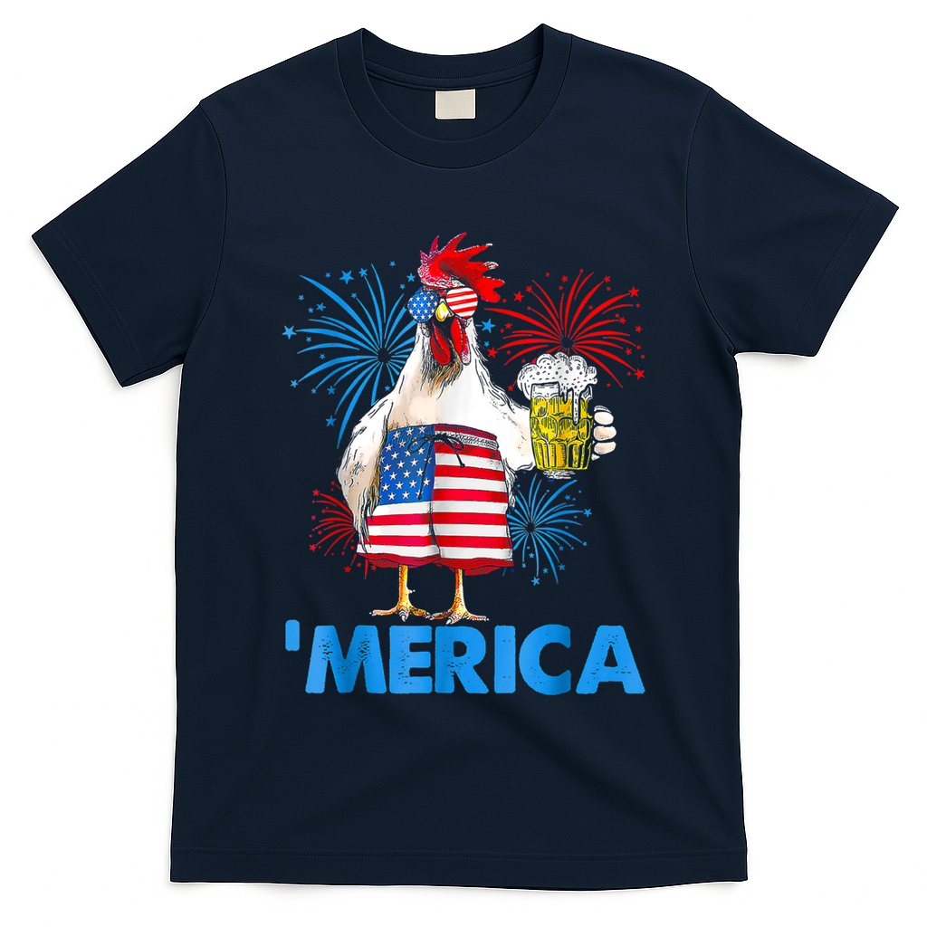 Funny Merica Chicken Beer Drinking 4th Of July Patriotic. T-Shirt