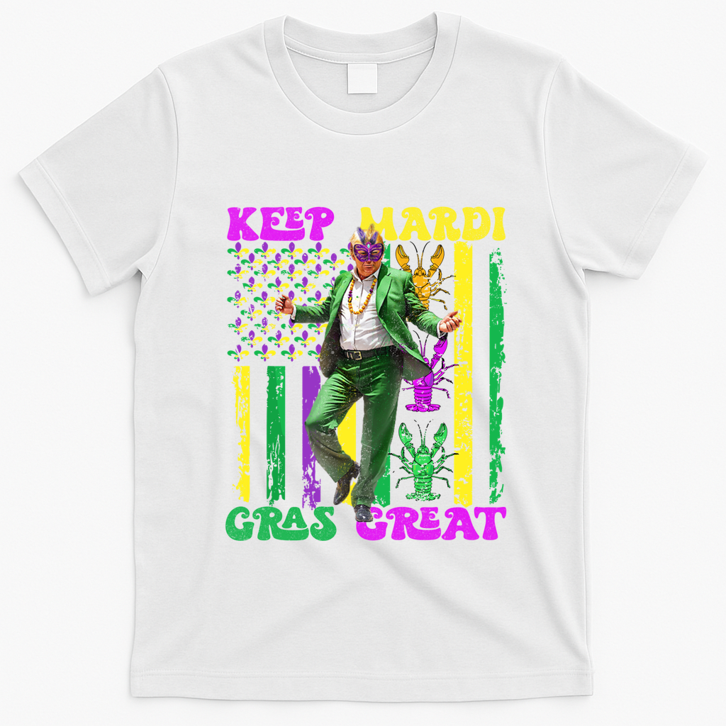 Funny Mardi Gras Donald Trump Dance American Flag Crawfish Gift T-Shirt - White