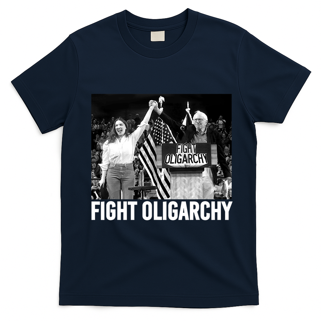 Fight Oligarchy Bernie Sanders And AOC Freedom US Anti Trump  T-Shirt - Navy Blue