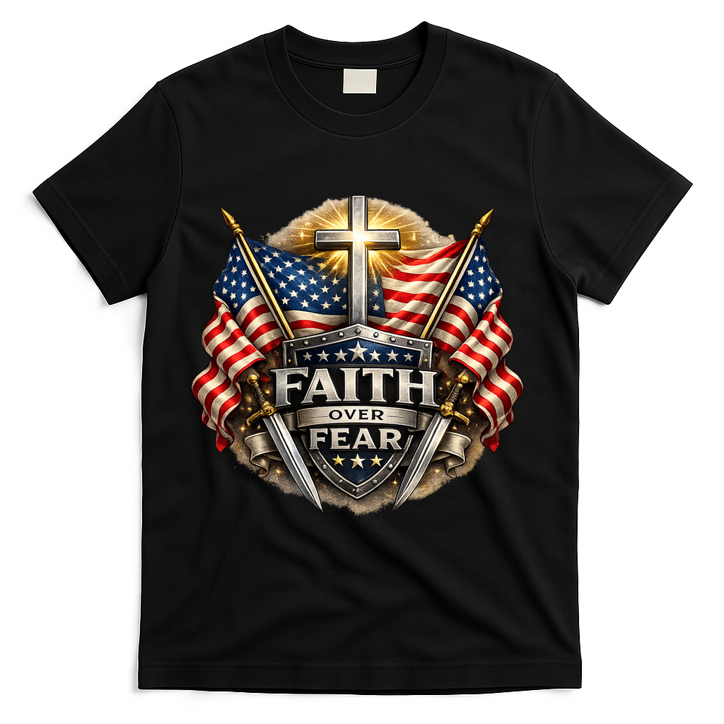 Faith Over Fear American Patriotic Cross T-Shirt - Black