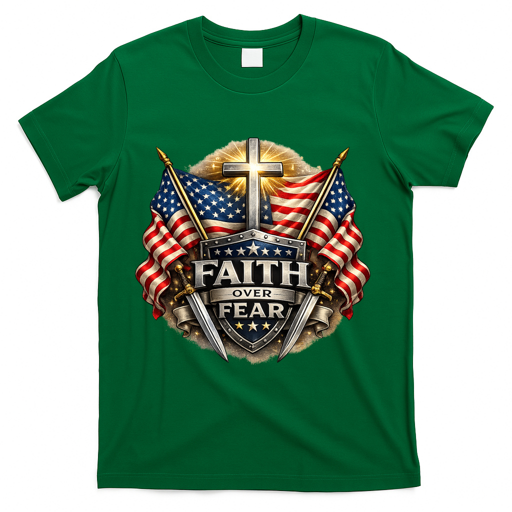 Faith Over Fear American Patriotic Cross T-Shirt - Green
