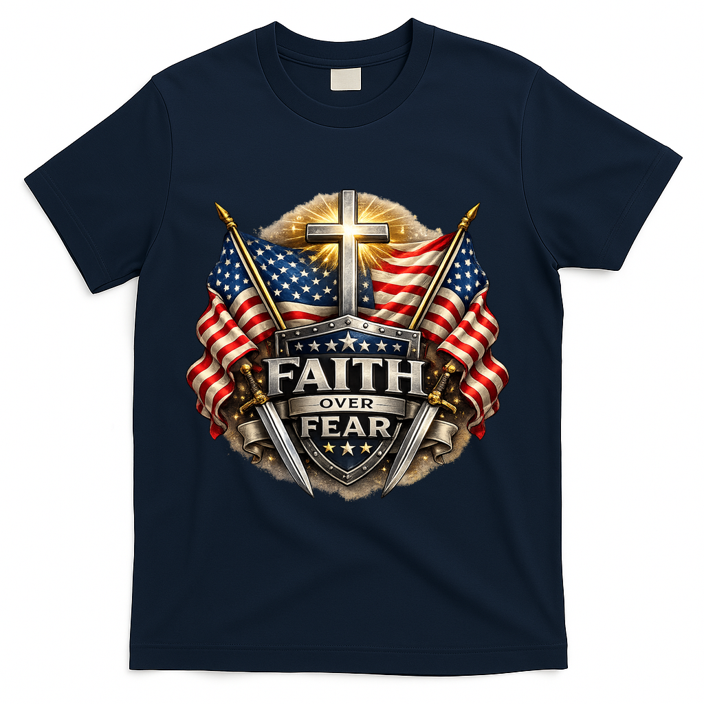 Faith Over Fear American Patriotic Cross T-Shirt - Navy