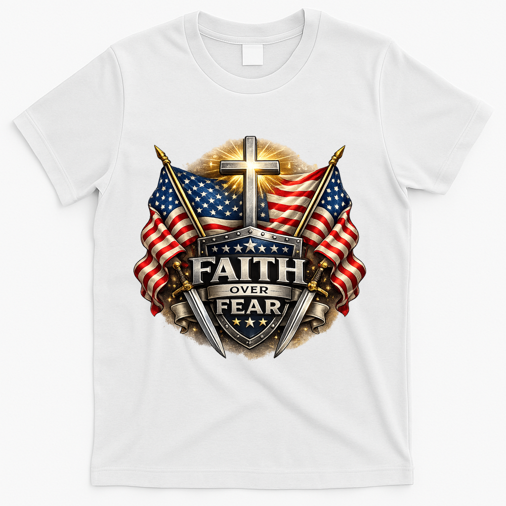 Faith Over Fear American Patriotic Cross T-Shirt - White