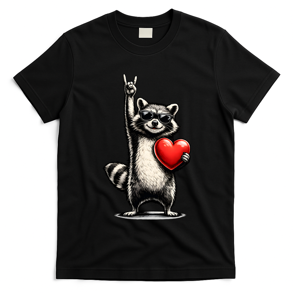 Funny Raccoon Rock On Heart T-Shirt