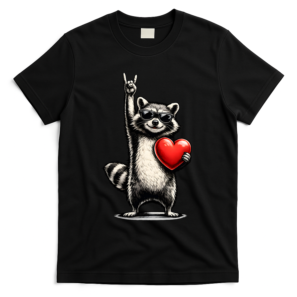Funny Raccoon Rock On Heart T-Shirt - Black