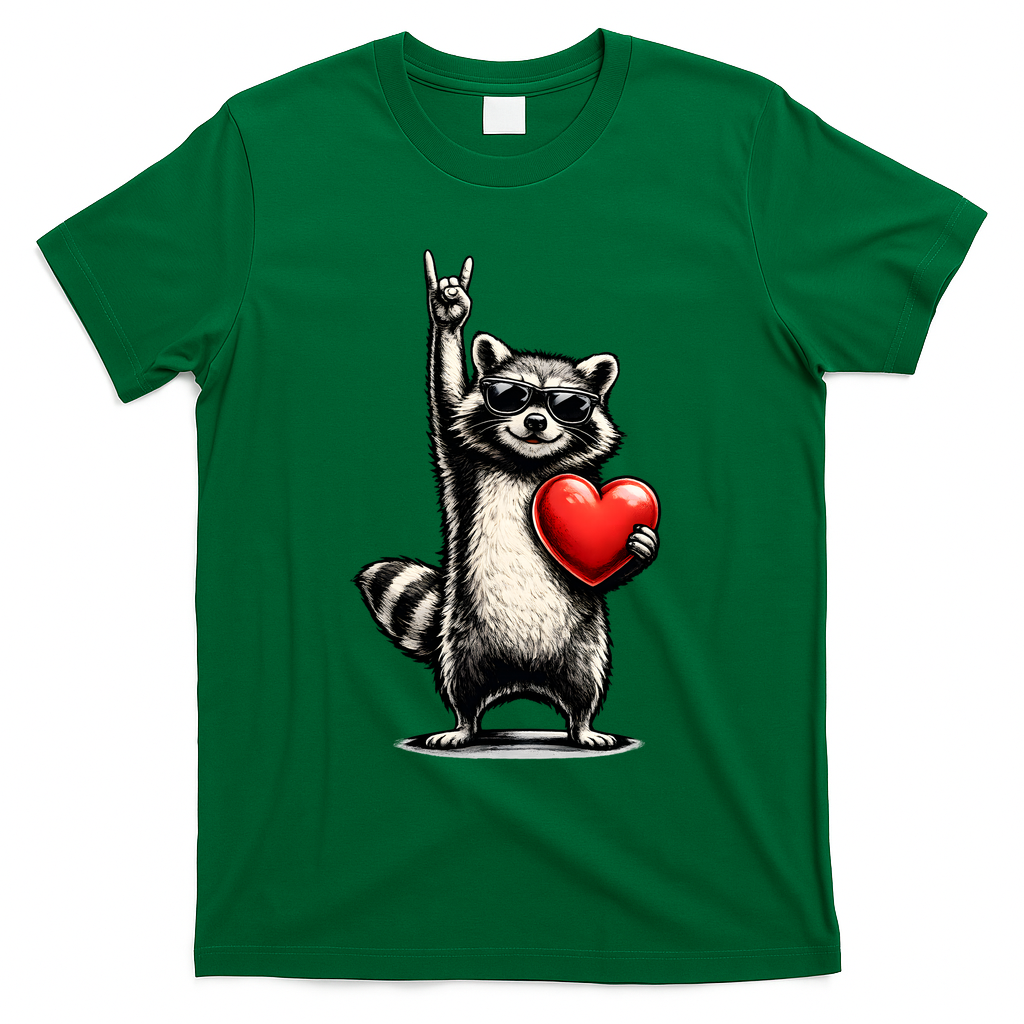 Funny Raccoon Rock On Heart T-Shirt - Green