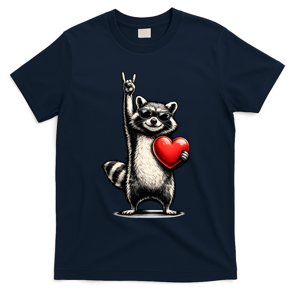 Funny Raccoon Rock On Heart T-Shirt - Navy