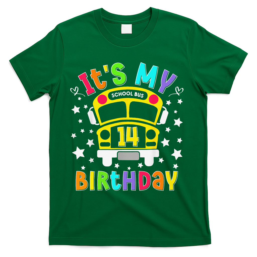Funny School 14th Birthday Party School Bus Teacher Student T-Shirt - Green