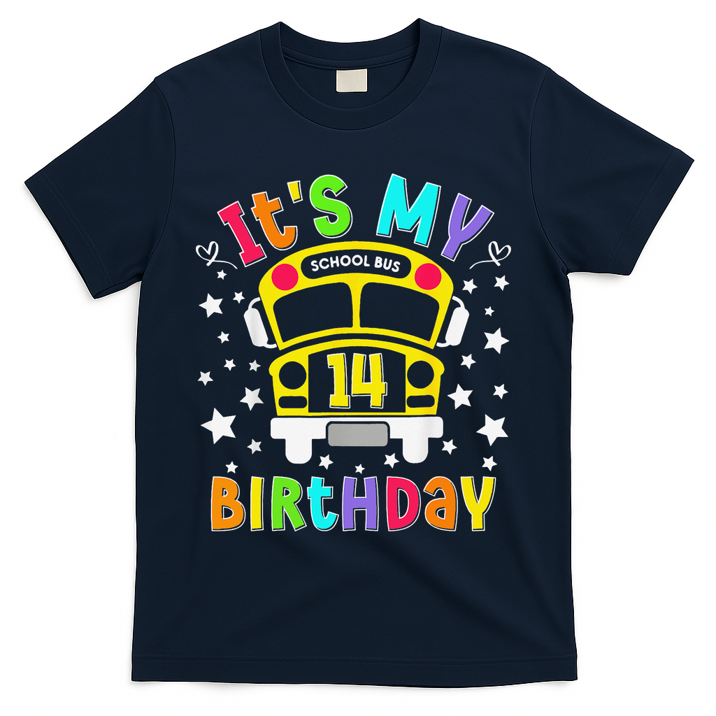 Funny School 14th Birthday Party School Bus Teacher Student T-Shirt - Navy