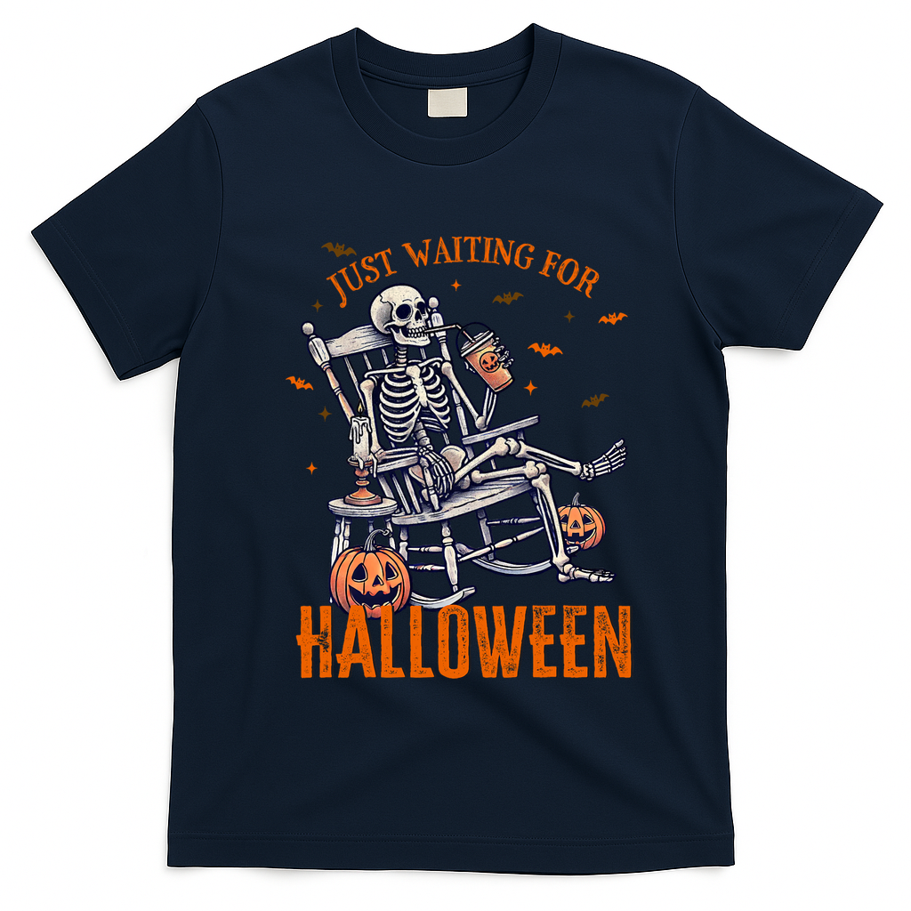 Funny Skeleton Christmas Design Just Waiting For Halloween T-Shirt - Navy Blue