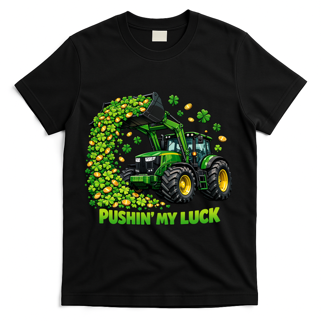 Funny St Patrick's Day Pushing My Luck Tractor T-Shirt - Black