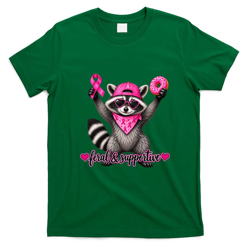 Feral & Supportive Pink Raccoon with Donut T-Shirt - Irish Green