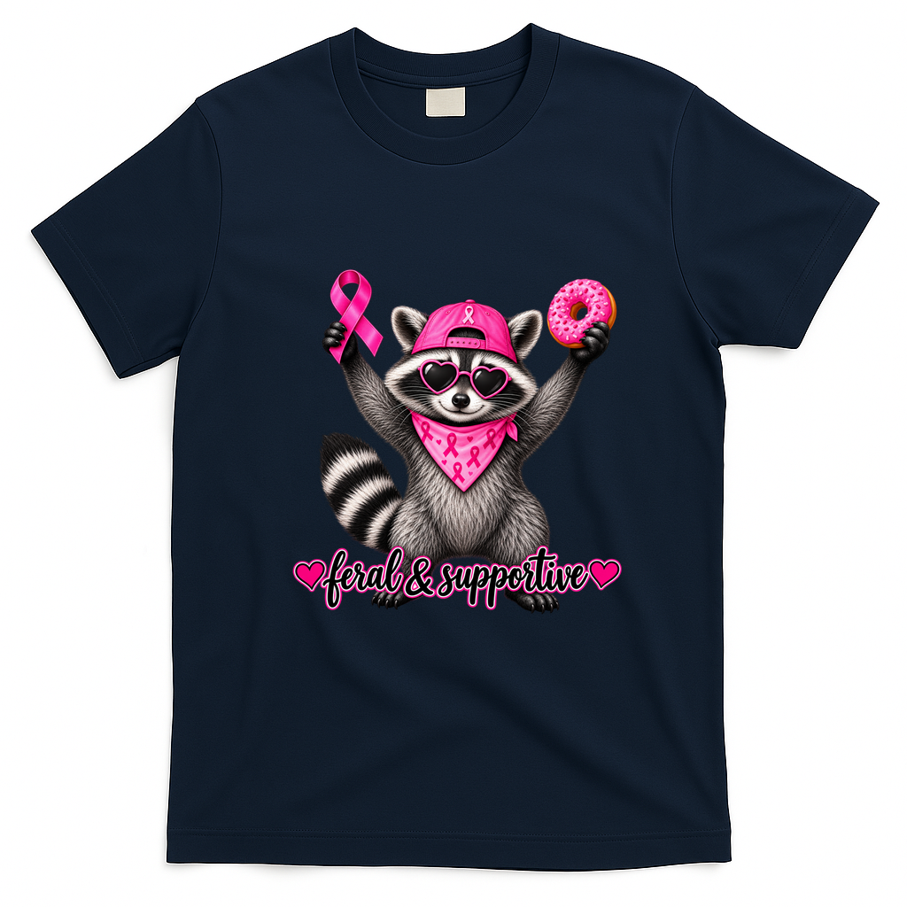Feral & Supportive Pink Raccoon with Donut T-Shirt - Navy Blue