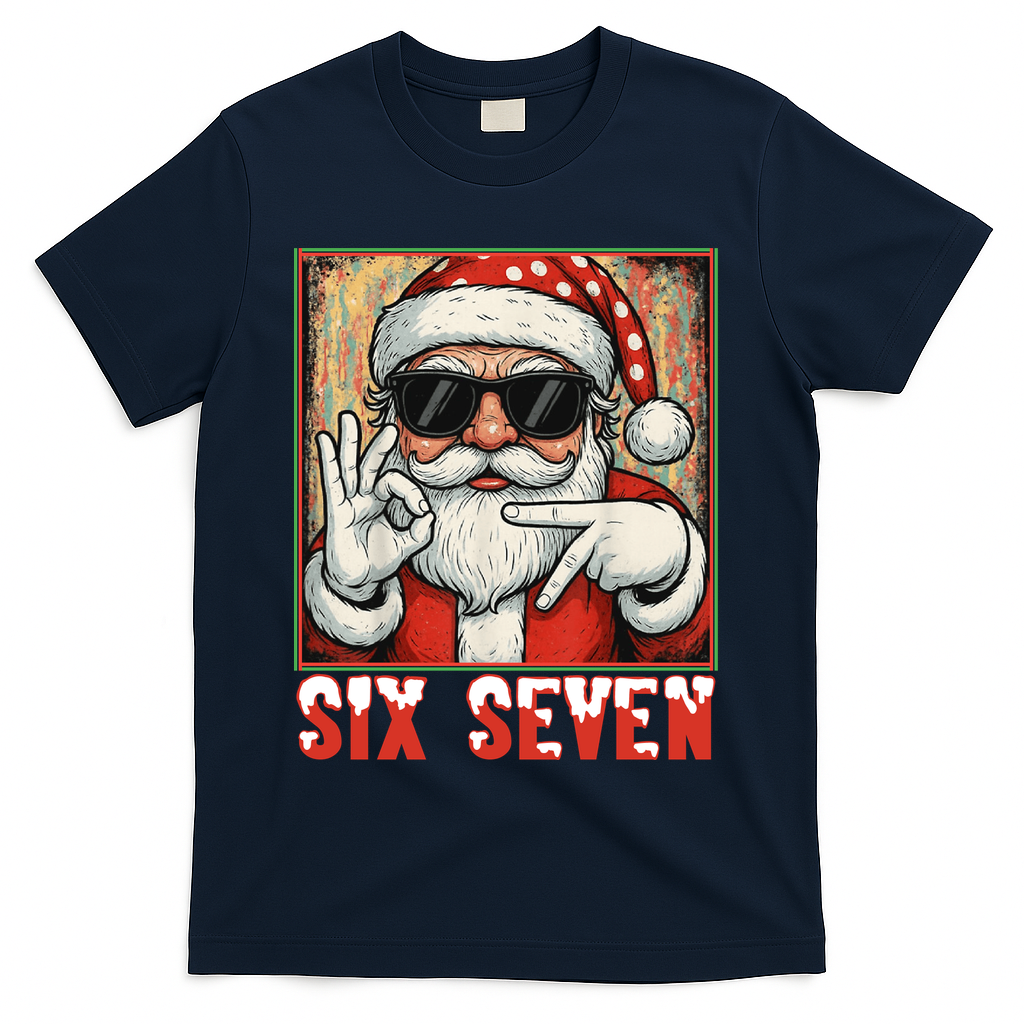 Funny Six Seven Meme Christmas Cool Santa Saying  T-Shirt - Navy