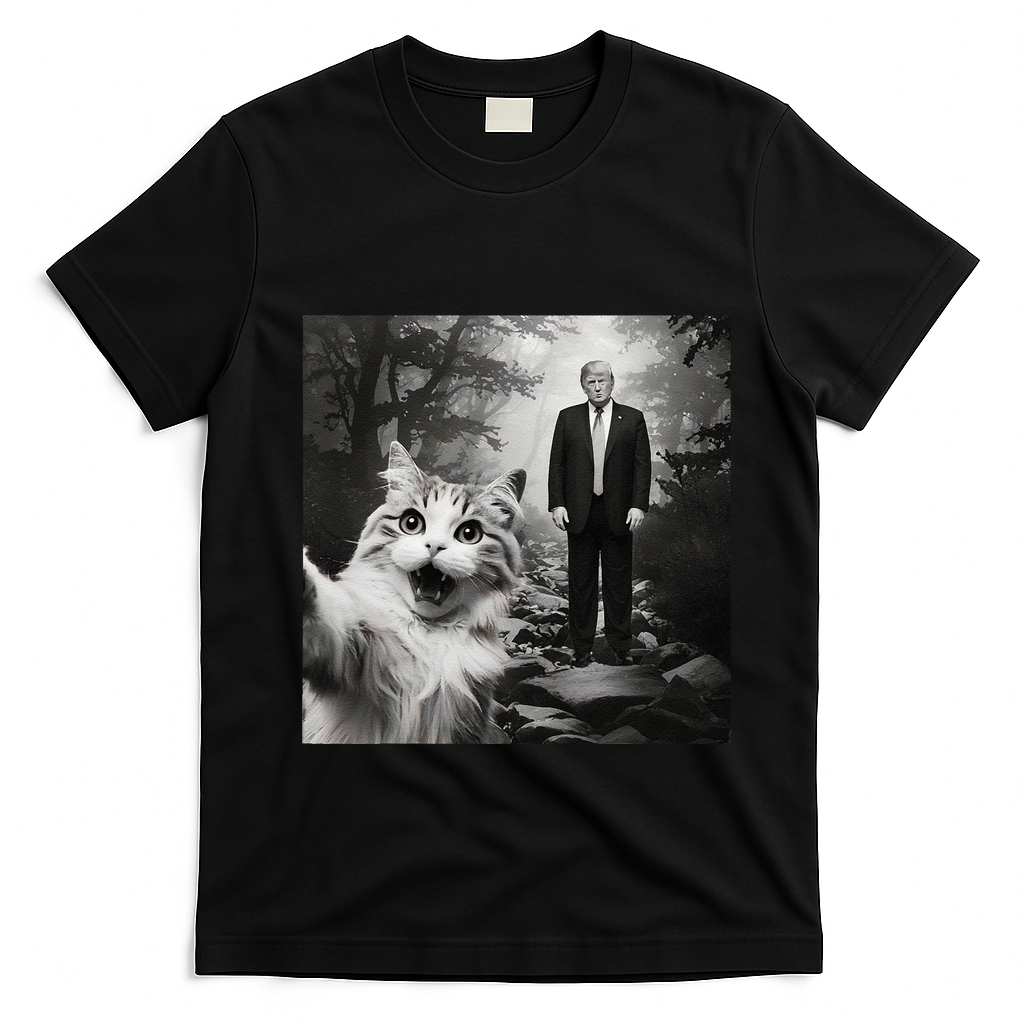 Funny Surprised Scared Cat Selfie With D.Trump T-Shirt - Black