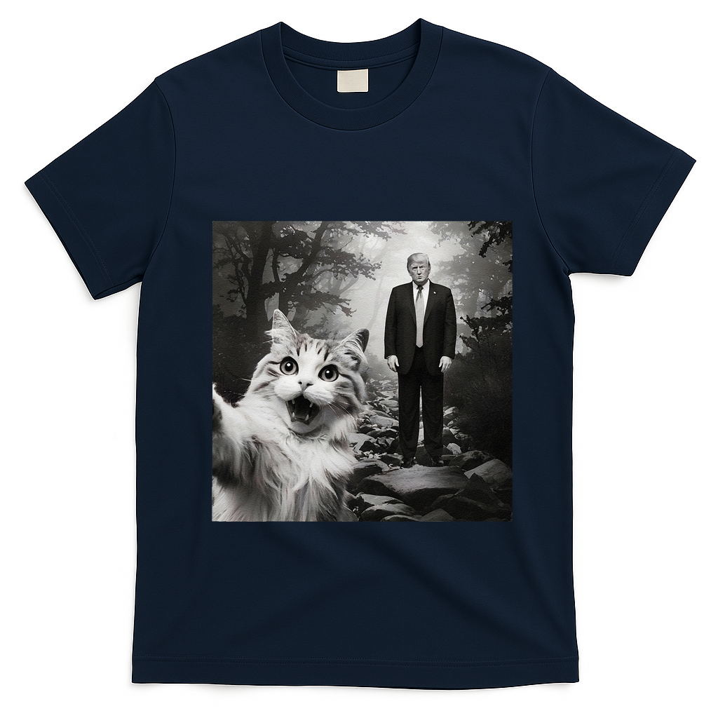 Funny Surprised Scared Cat Selfie With D.Trump T-Shirt - Navy Blue