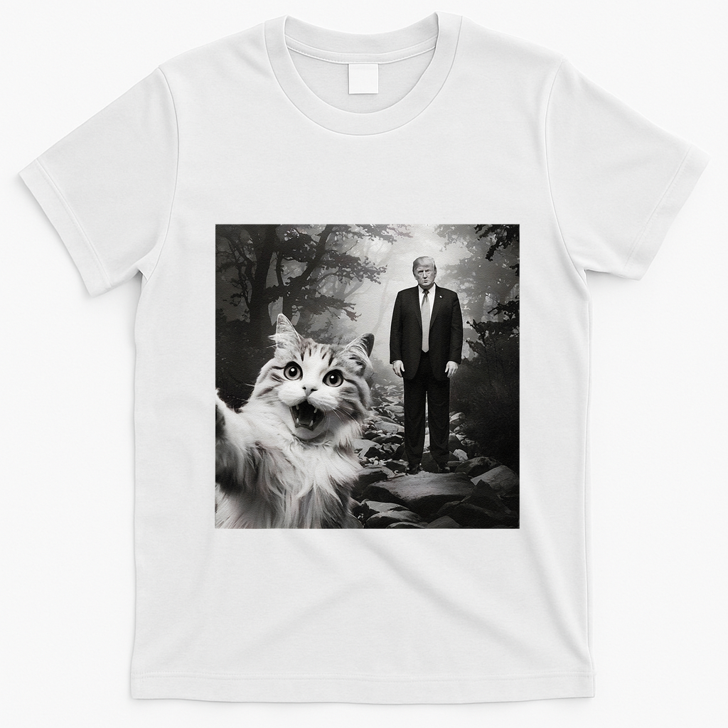 Funny Surprised Scared Cat Selfie With D.Trump T-Shirt - White