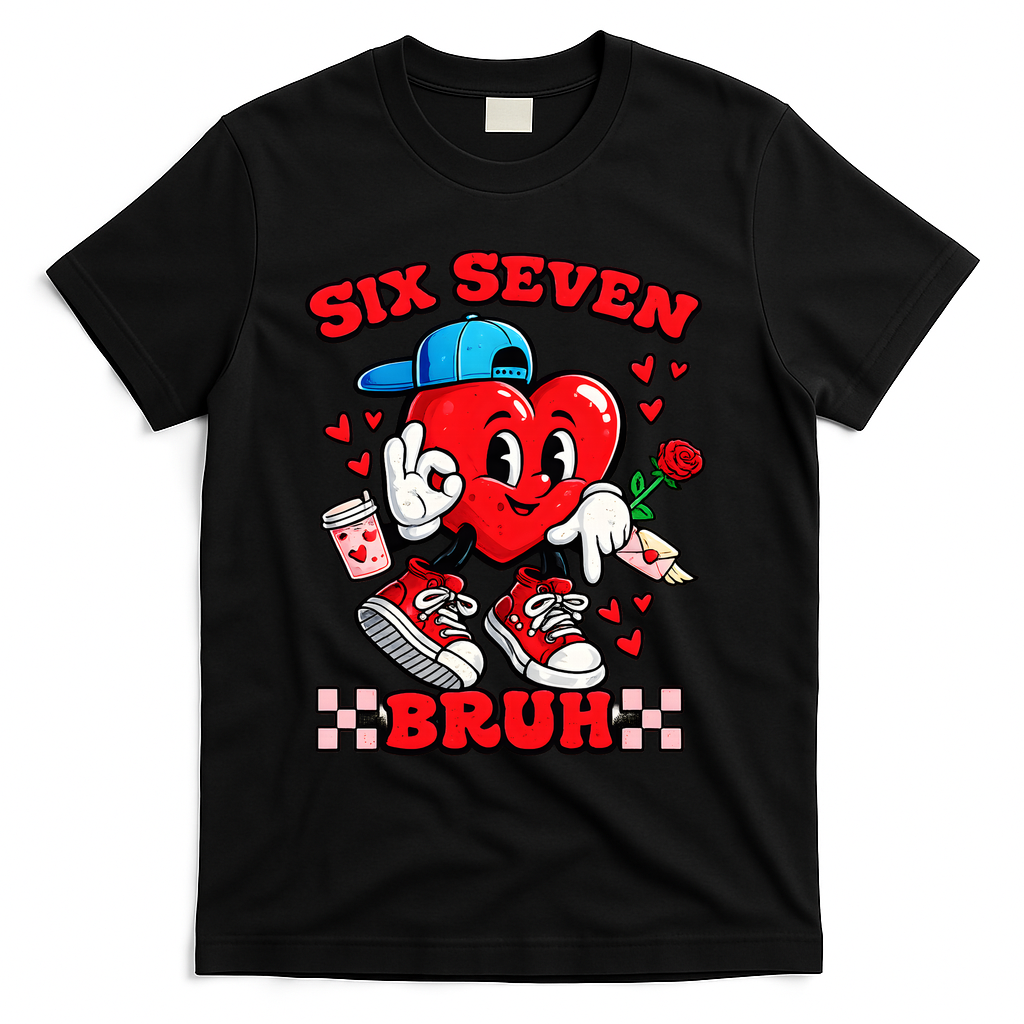 Funny Six Seven Bruh Heart 67 6-7 Valentines Day T-Shirt - Black