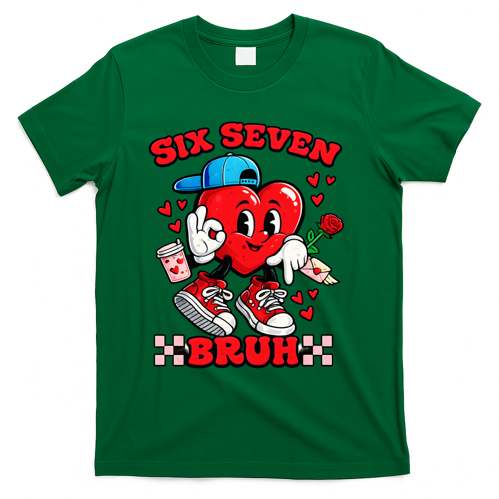 Funny Six Seven Bruh Heart 67 6-7 Valentines Day T-Shirt - Green