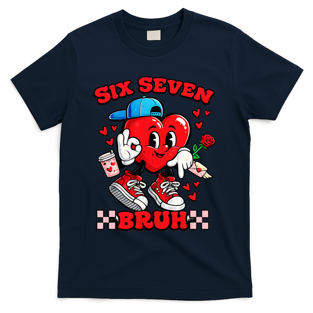 Funny Six Seven Bruh Heart 67 6-7 Valentines Day T-Shirt - Navy